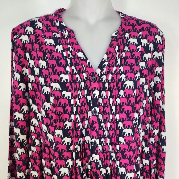 Crown & Ivy Shirt Womens Small Navy Pink Elephant Print Pleated Long Tab Sleeve - Picture 3 of 8